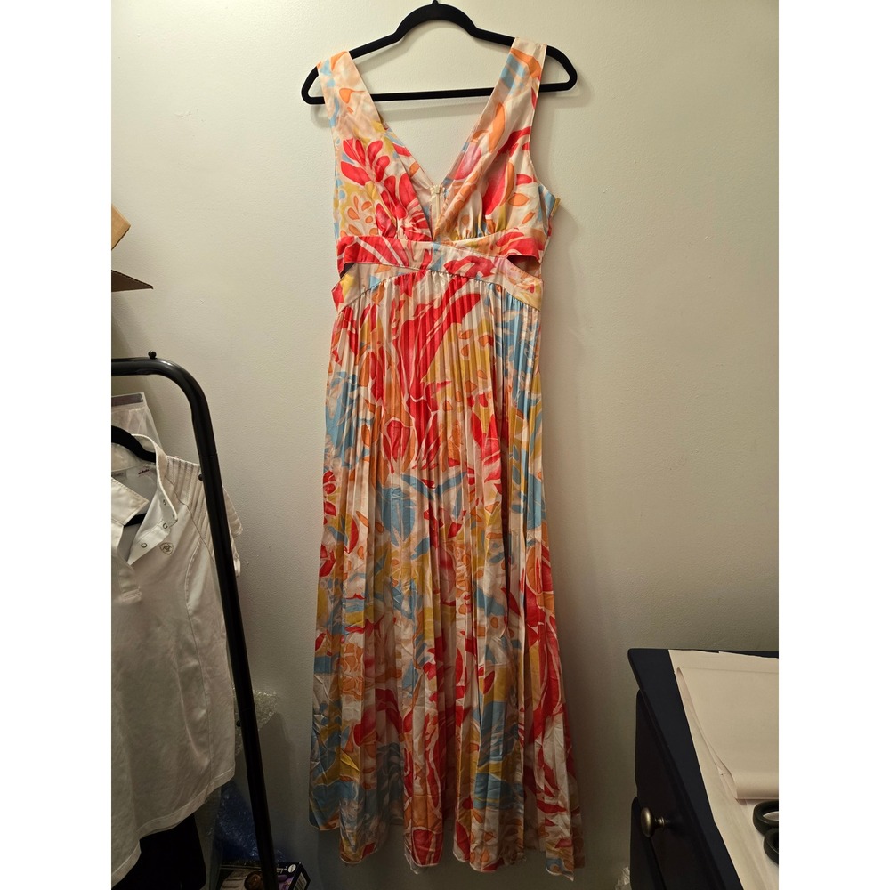 SHEIN Floral Print V Neck Maxi Dress Pleated Cutout‎ Waist Size L